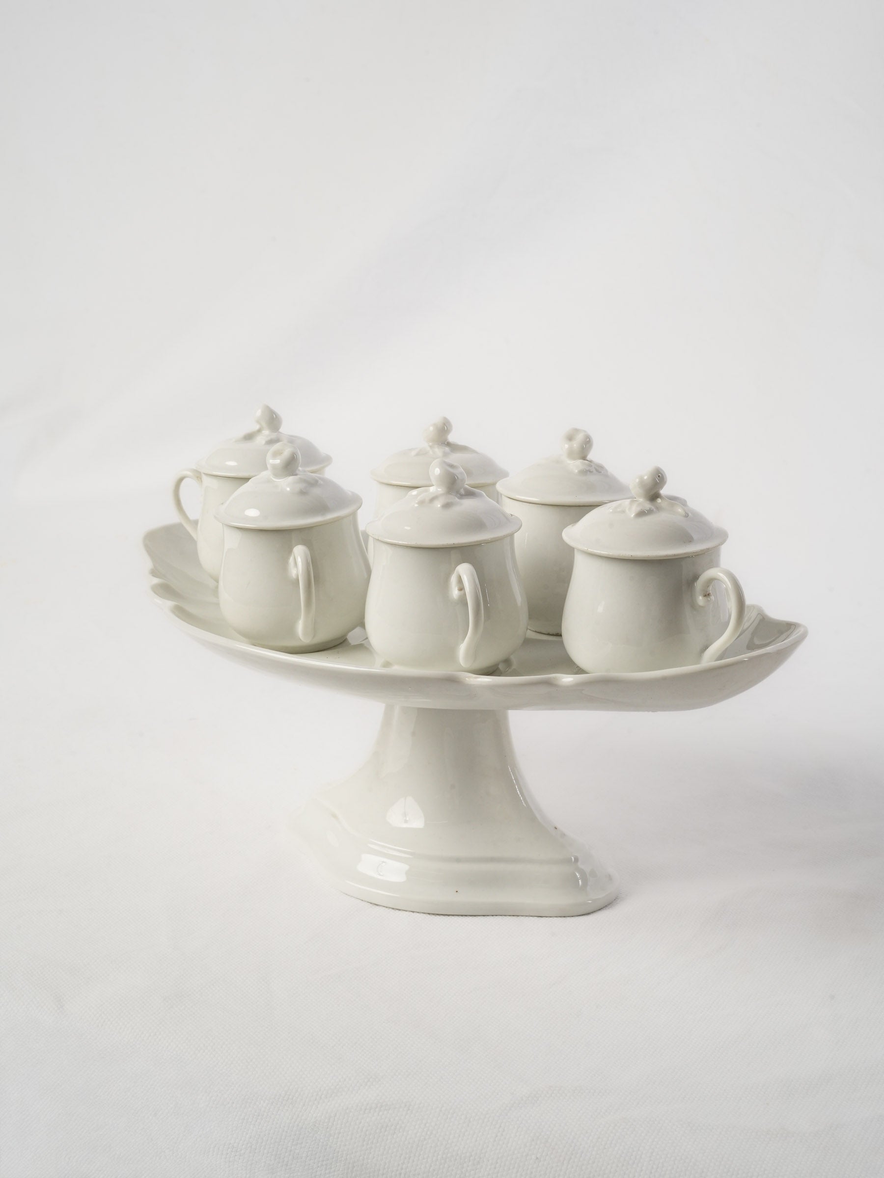 Set of 6 Antique French porcelain lidded pots à crème w/ stand