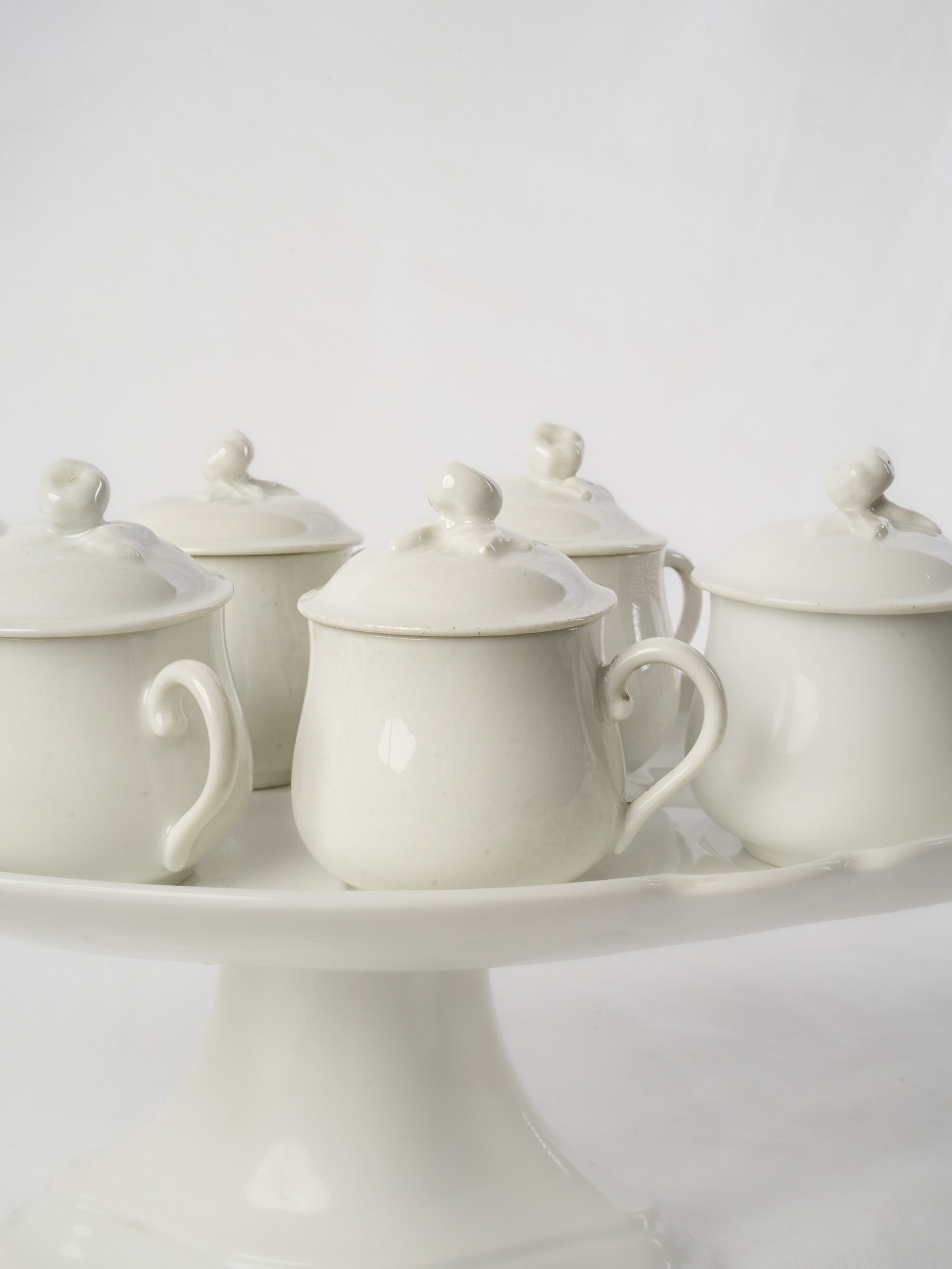 Set of 6 Antique French porcelain lidded pots à crème w/ stand