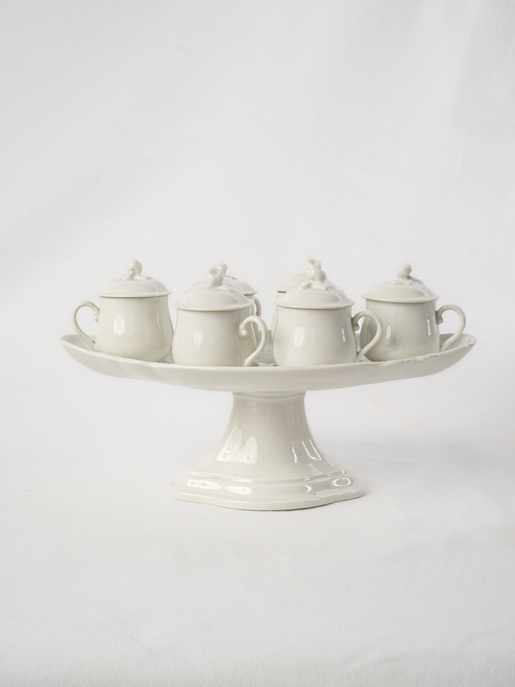 Set of 6 Antique French porcelain lidded pots à crème w/ stand