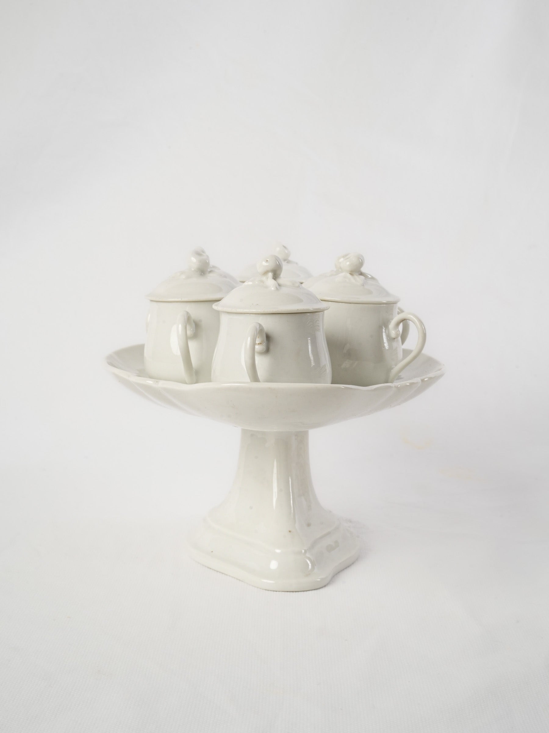 Set of 6 Antique French porcelain lidded pots à crème w/ stand
