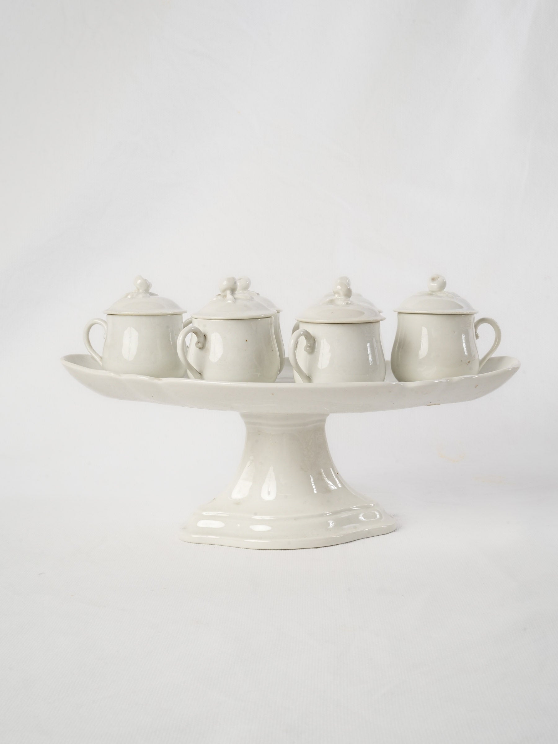 Set of 6 Antique French porcelain lidded pots à crème w/ stand