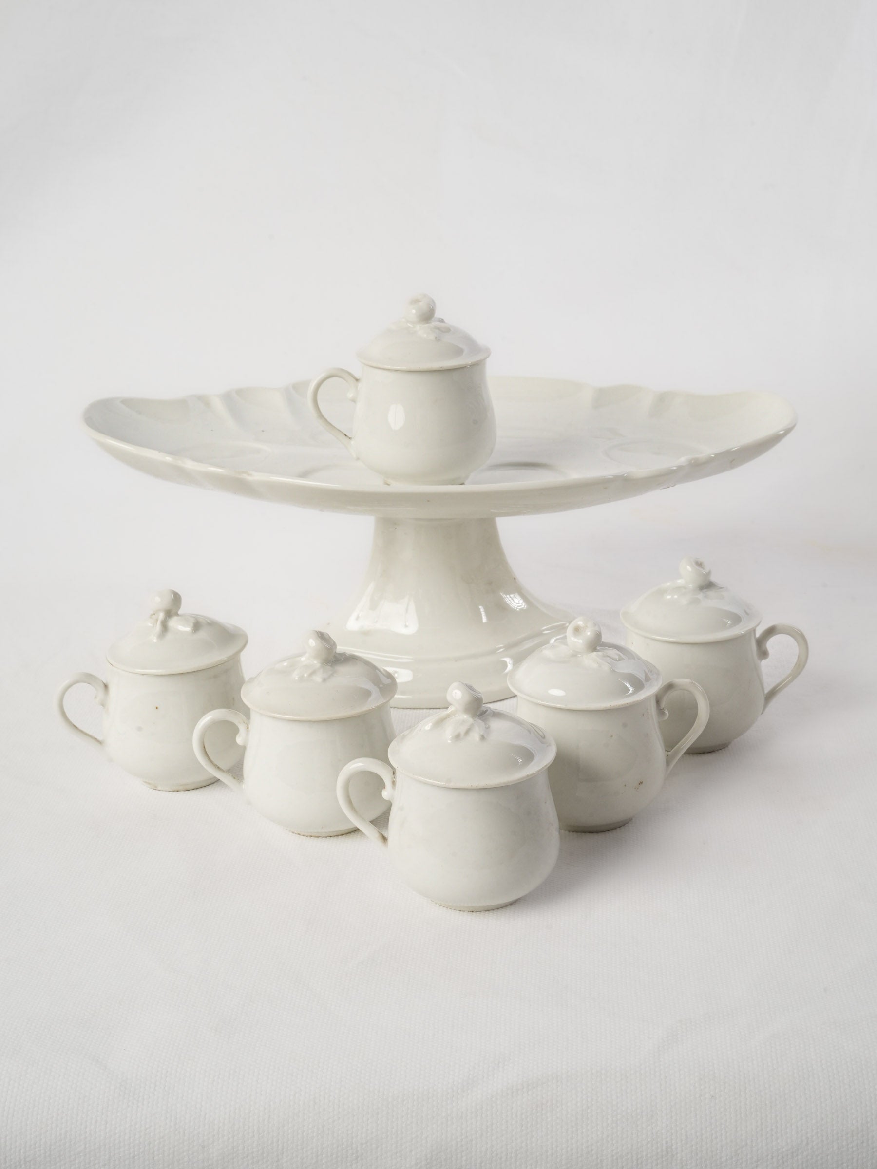 Set of 6 Antique French porcelain lidded pots à crème w/ stand