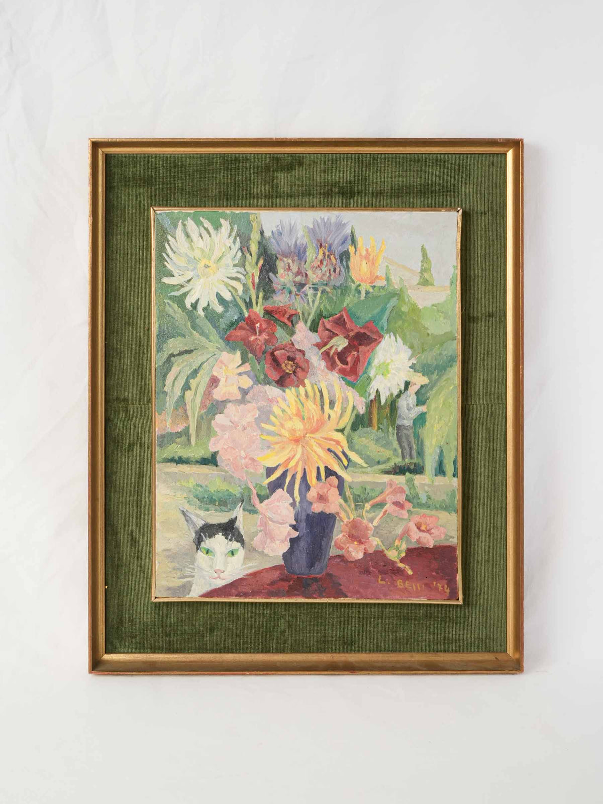 Floral Still Life w/ Cat by Lucia Maria Bessi, Dated 1974 - 24½" x 19¾"