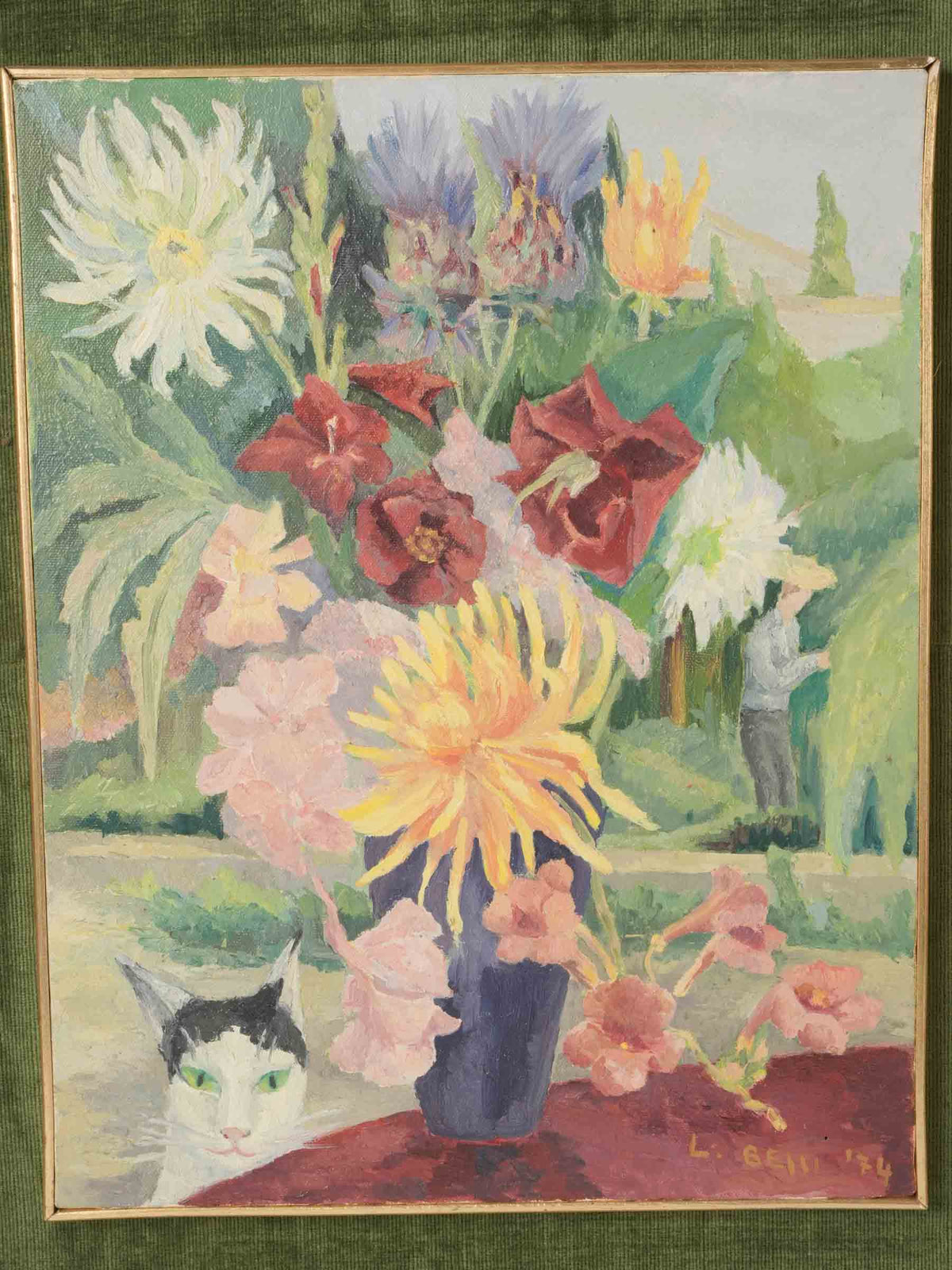 Floral Still Life w/ Cat by Lucia Maria Bessi, Dated 1974 - 24½" x 19¾"