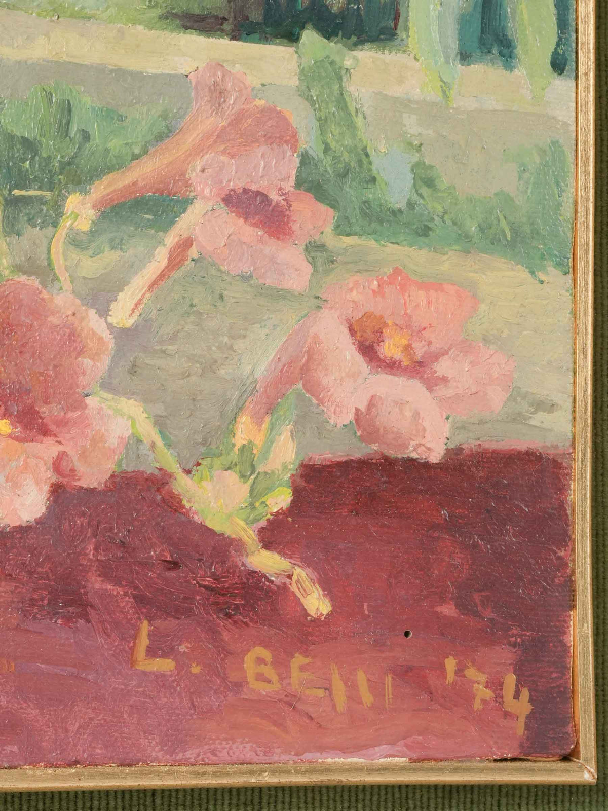 Floral Still Life w/ Cat by Lucia Maria Bessi, Dated 1974 - 24½" x 19¾"