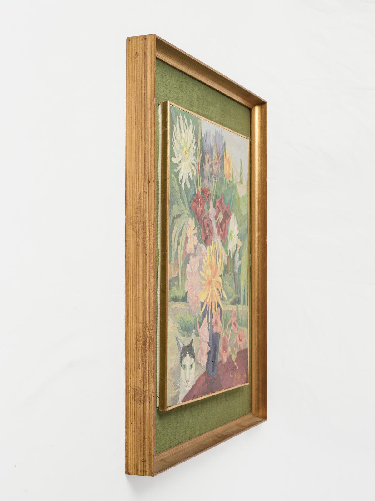 Floral Still Life w/ Cat by Lucia Maria Bessi, Dated 1974 - 24½" x 19¾"