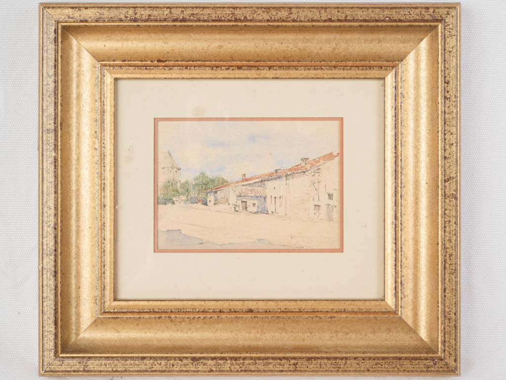 Petite French Watercolor Village Street Scene in Giltwood Frame - 9¾" x 11½"