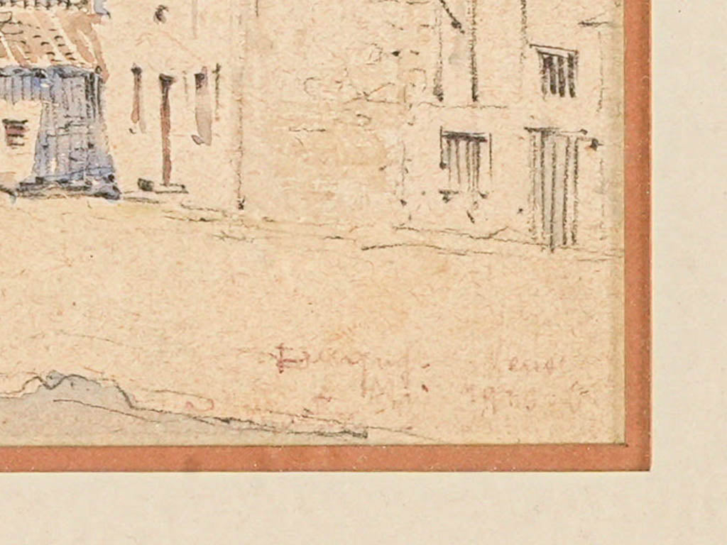 Petite French Watercolor Village Street Scene in Giltwood Frame - 9¾" x 11½"