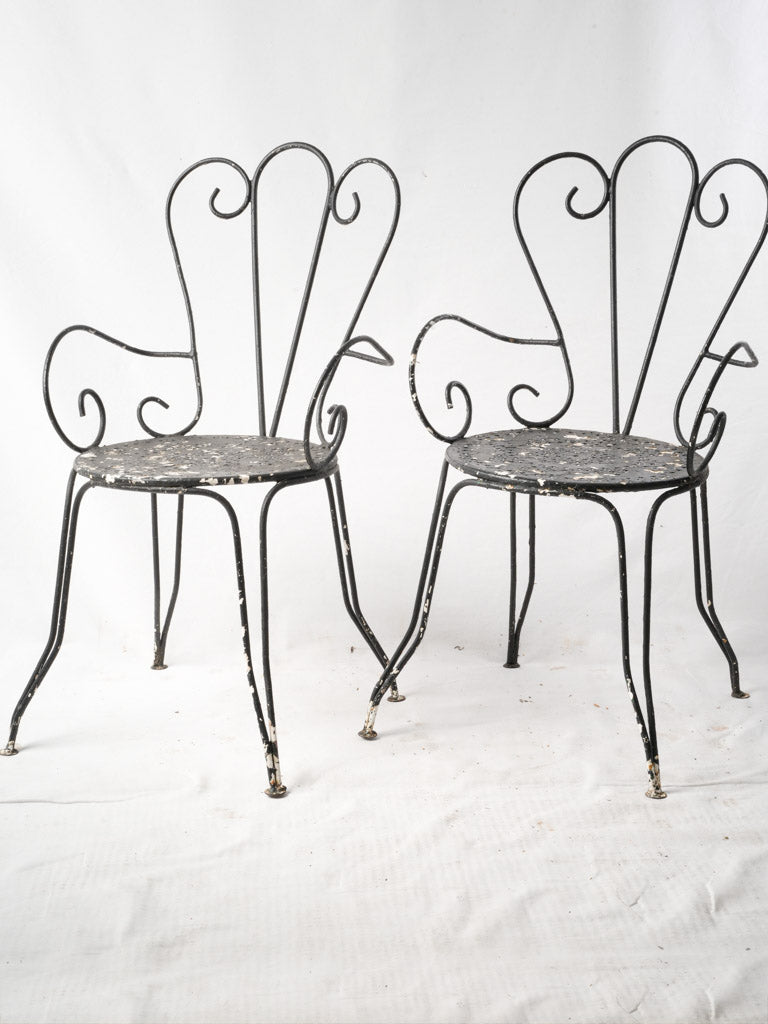 Pair Of 1950s Wrought Iron Garden Armchairs W/ Distressed Black Finish