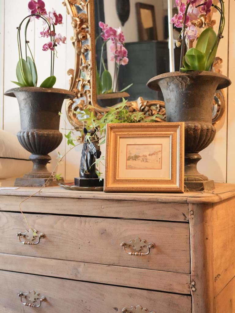 Petite French Watercolor Village Street Scene in Giltwood Frame - 9¾" x 11½"