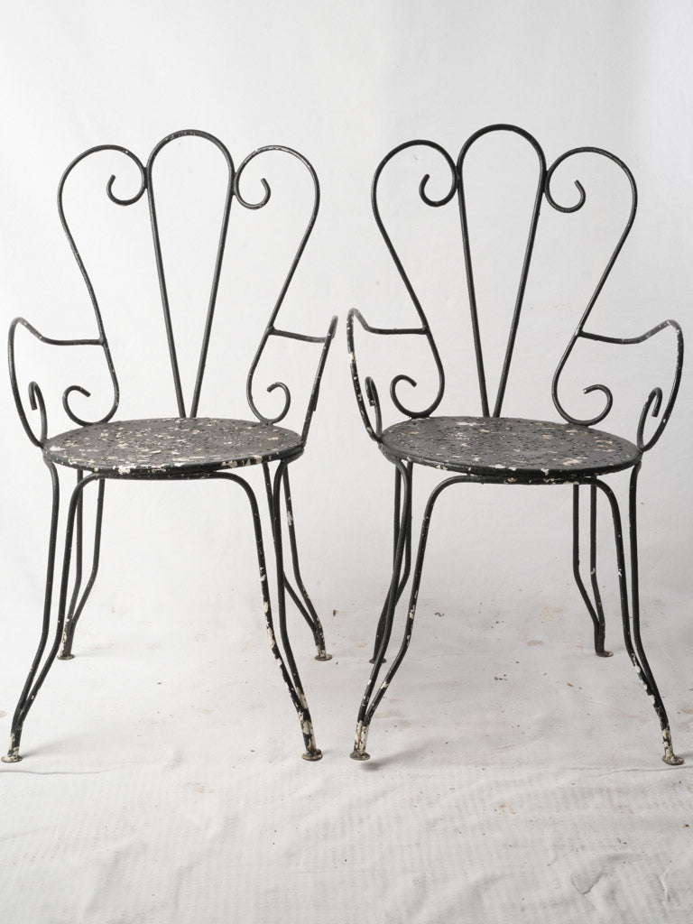 Pair Of 1950s Wrought Iron Garden Armchairs W/ Distressed Black Finish