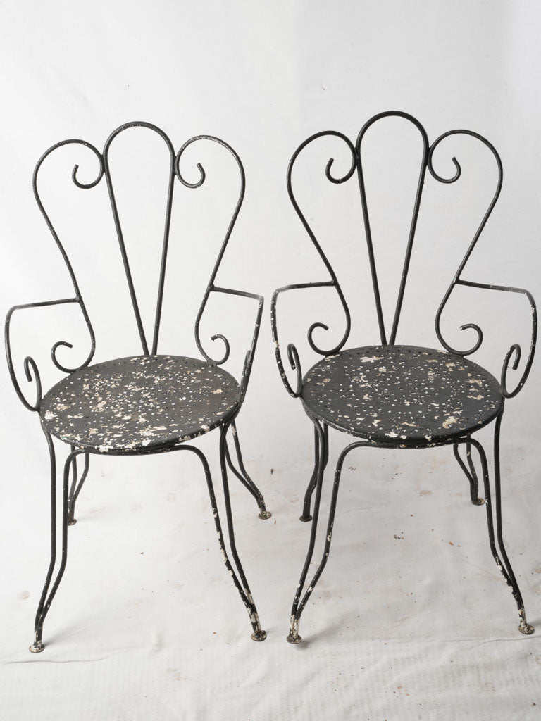 Pair Of 1950s Wrought Iron Garden Armchairs W/ Distressed Black Finish