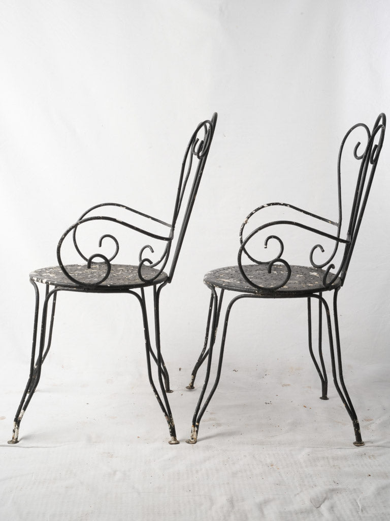 Pair Of 1950s Wrought Iron Garden Armchairs W/ Distressed Black Finish