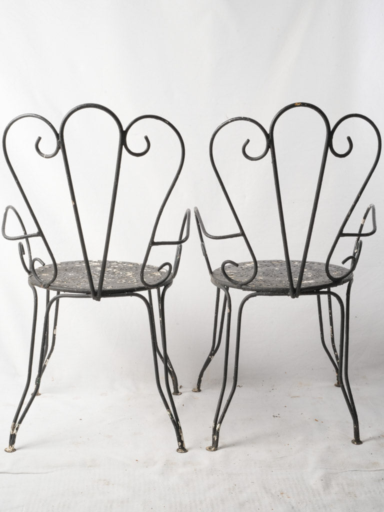 Pair Of 1950s Wrought Iron Garden Armchairs W/ Distressed Black Finish