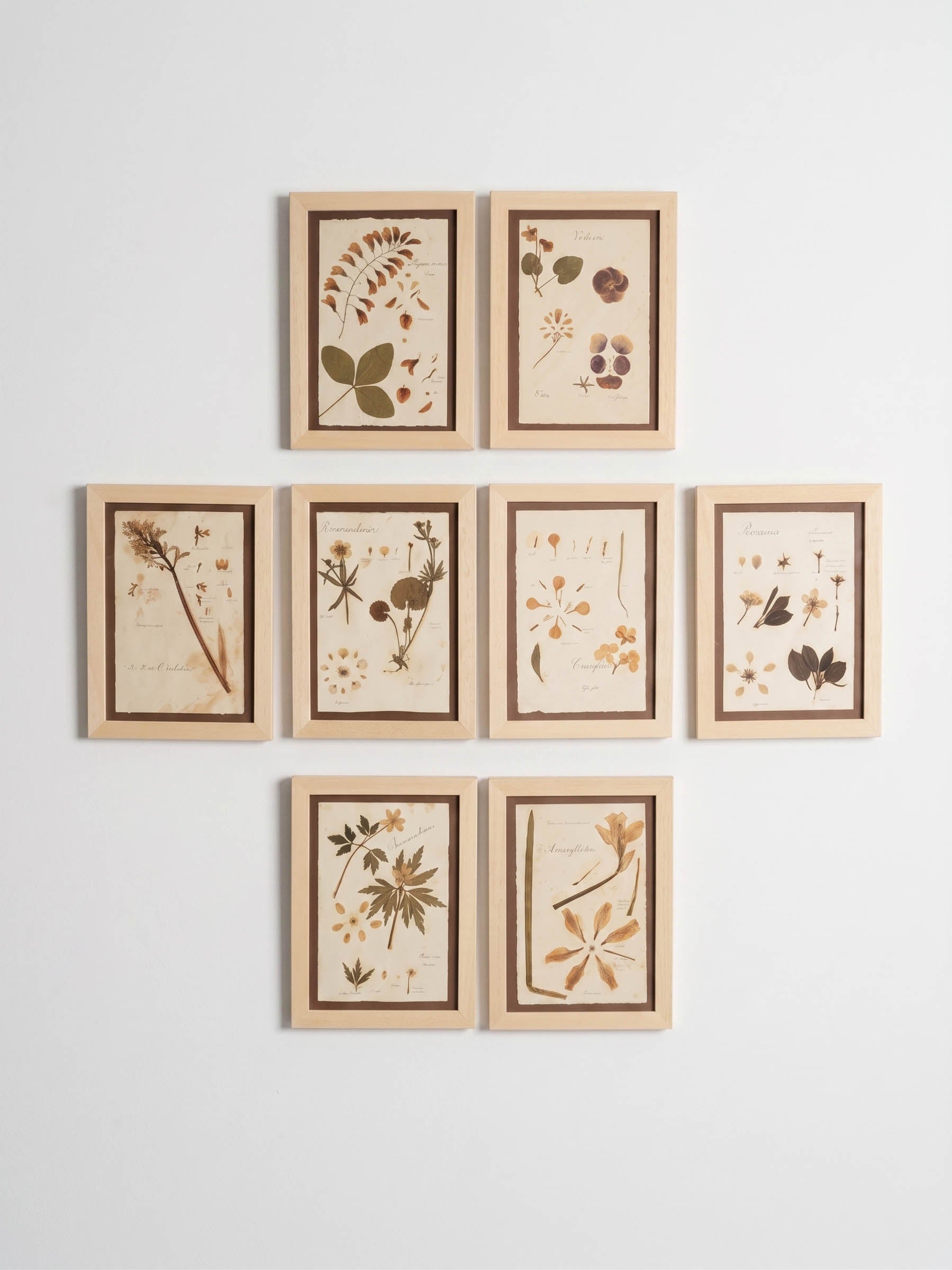 Set of Eight Framed  Botanical Herbarium Studies Inspired by Antique French Herbiers - 11" x 8"