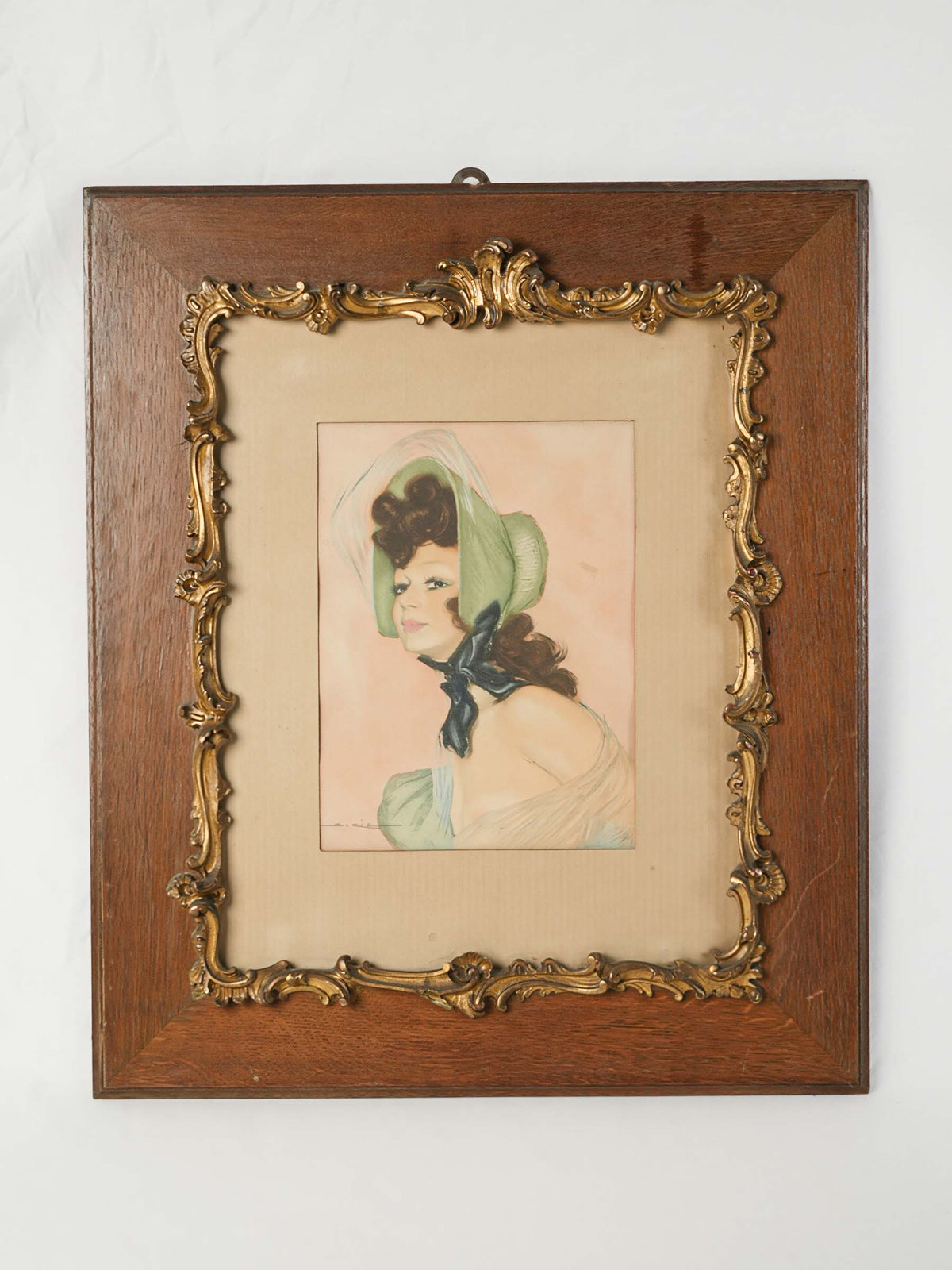 Early 20th-Century Pastel Portrait of an Elegant Woman in a Green Bonnet - 28" x 24"