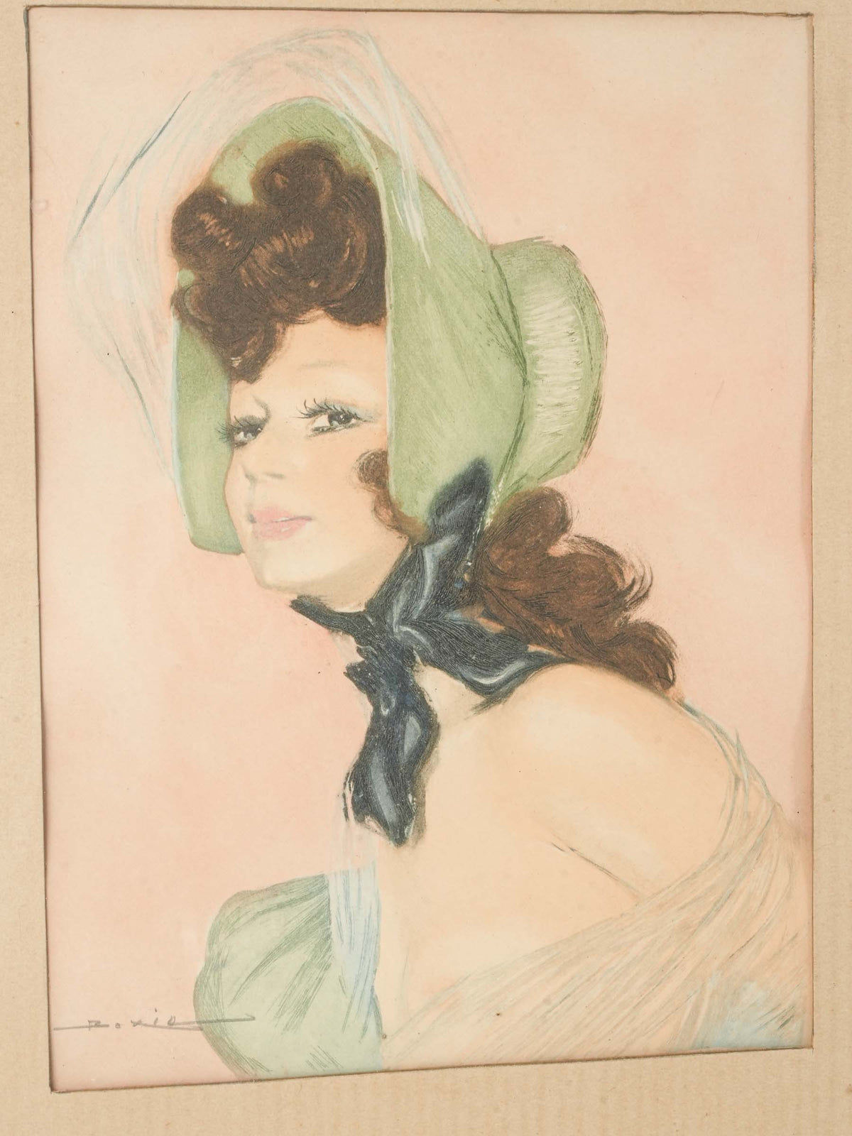 Early 20th-Century Pastel Portrait of an Elegant Woman in a Green Bonnet - 28" x 24"