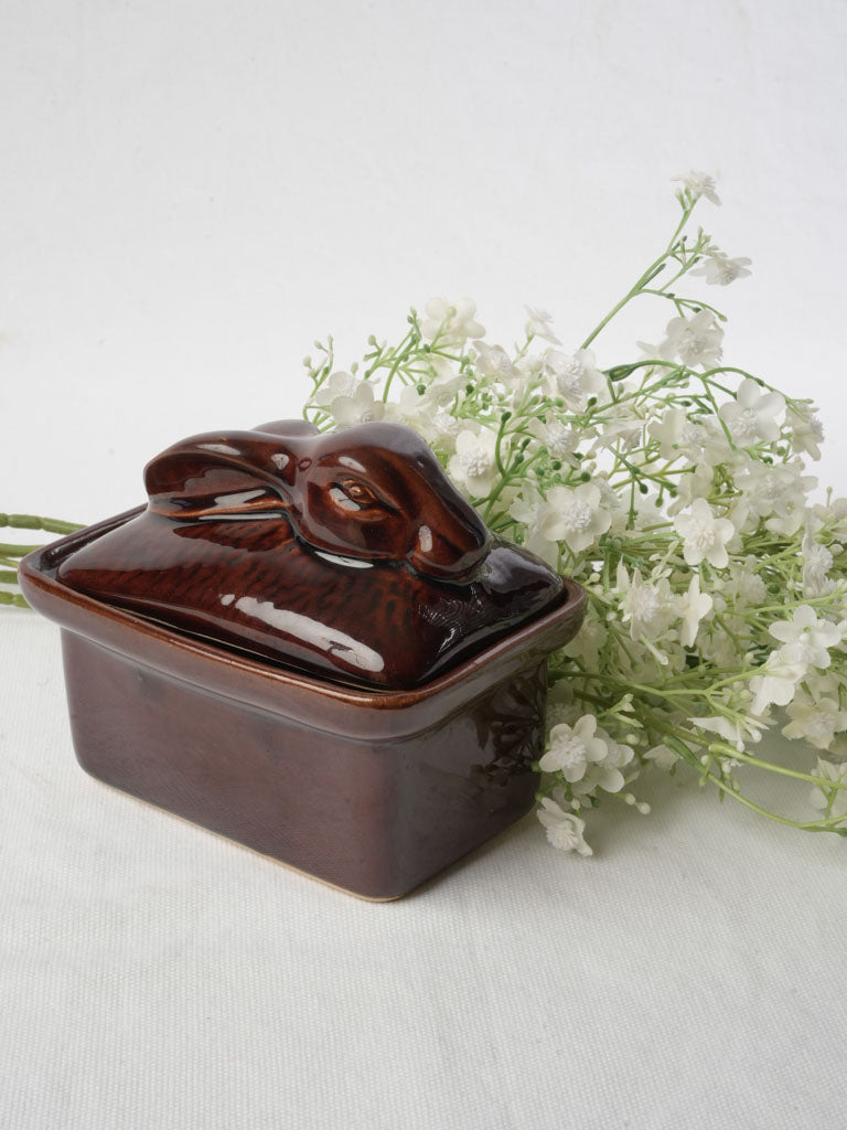 Brown Glazed Ceramic Terrine w/ Sculpted Hare Lid - 5"