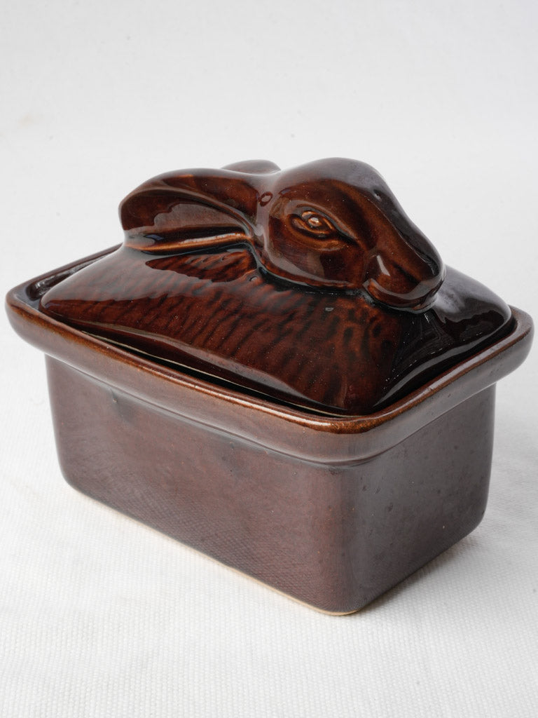 Brown Glazed Ceramic Terrine w/ Sculpted Hare Lid - 5"