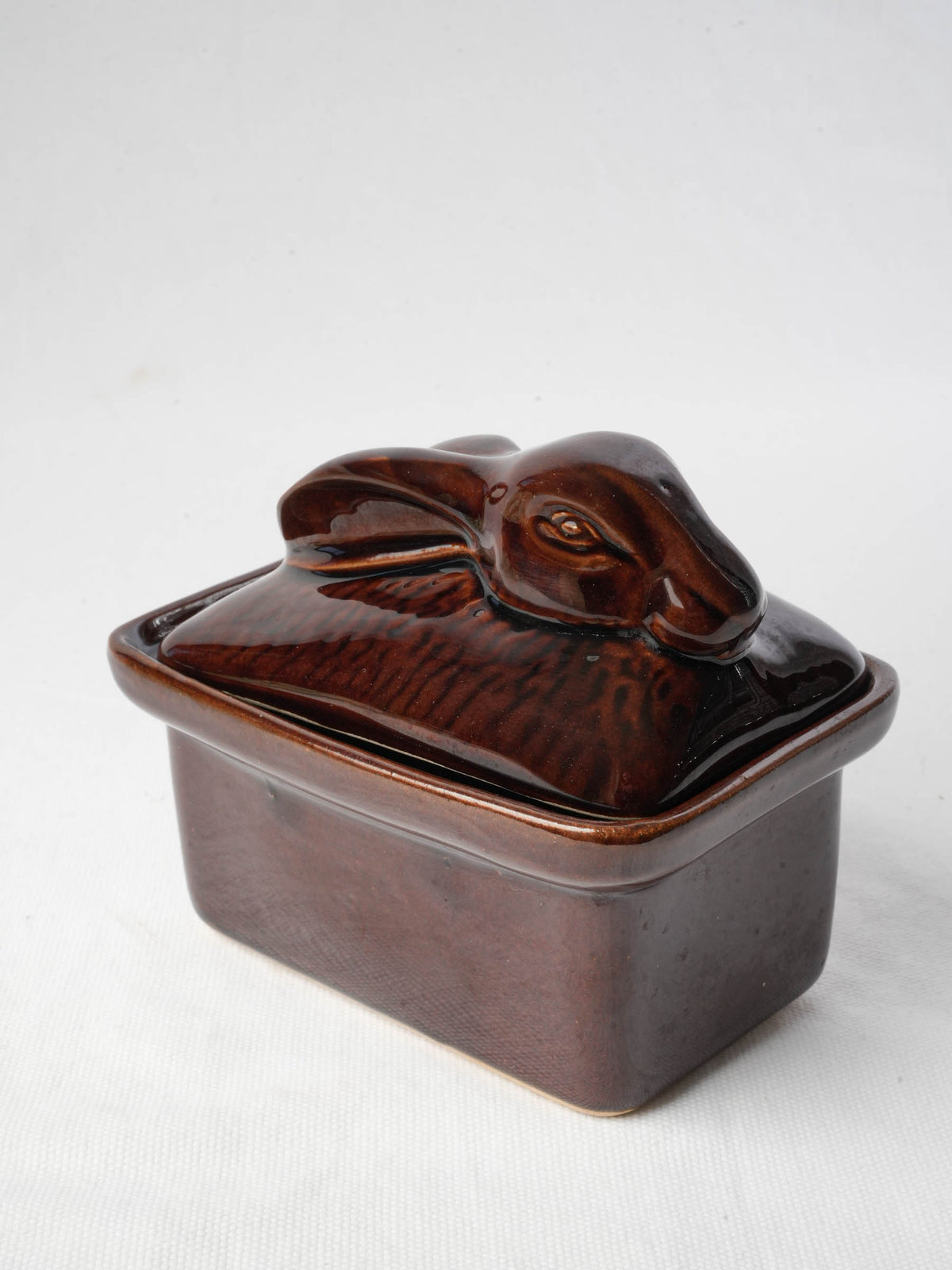 Brown Glazed Ceramic Terrine w/ Sculpted Hare Lid - 5"