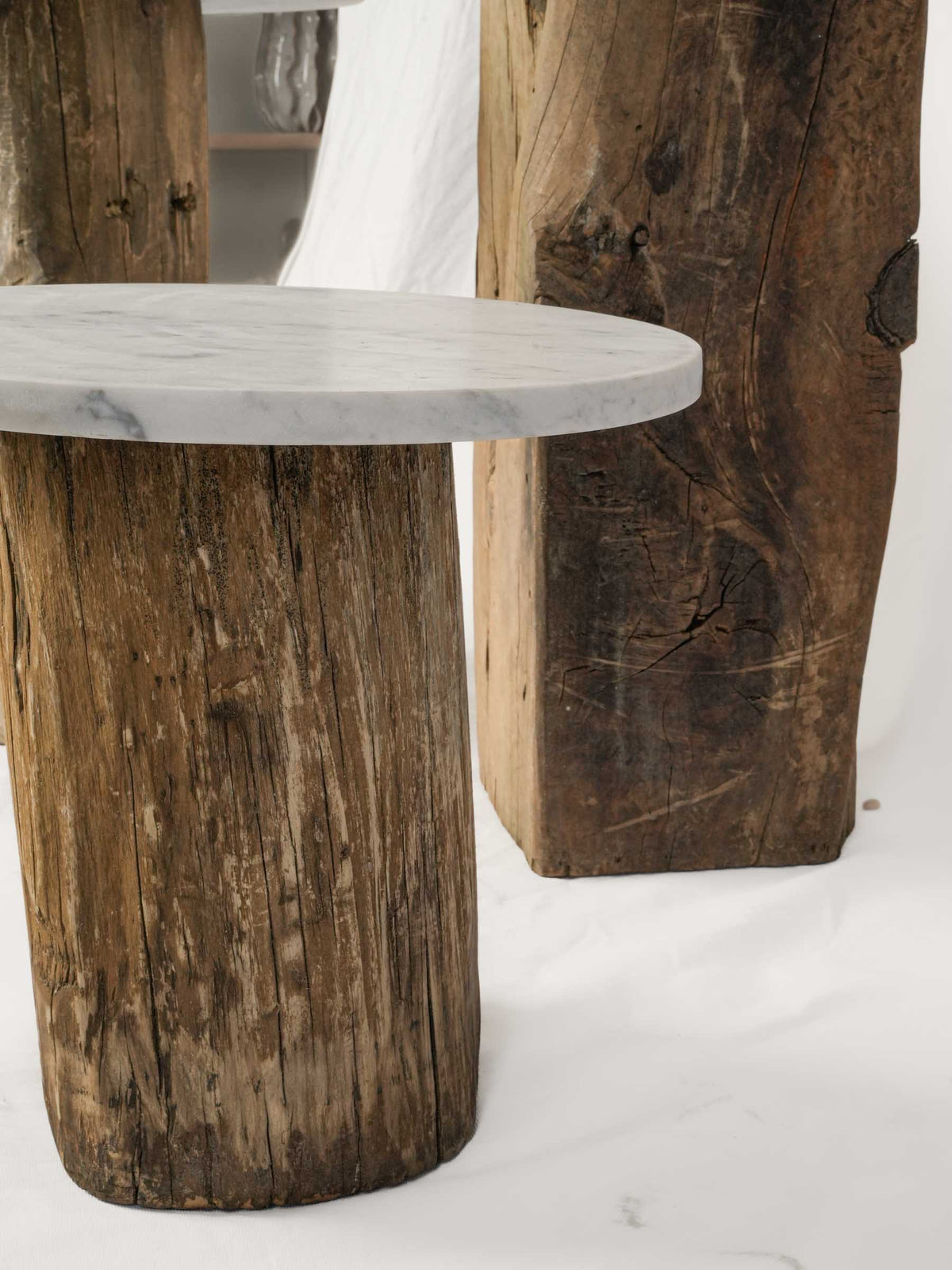 Set of Three Graduated Contemporary Reclaimed Wood and Marble Side Tables