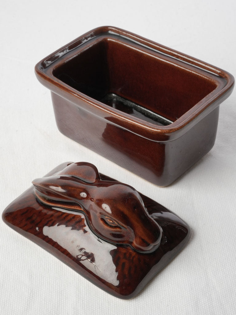 Brown Glazed Ceramic Terrine w/ Sculpted Hare Lid - 5"