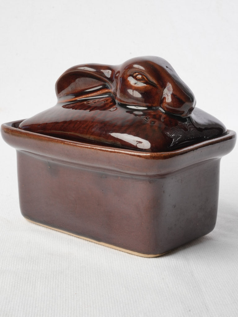 Brown Glazed Ceramic Terrine w/ Sculpted Hare Lid - 5"