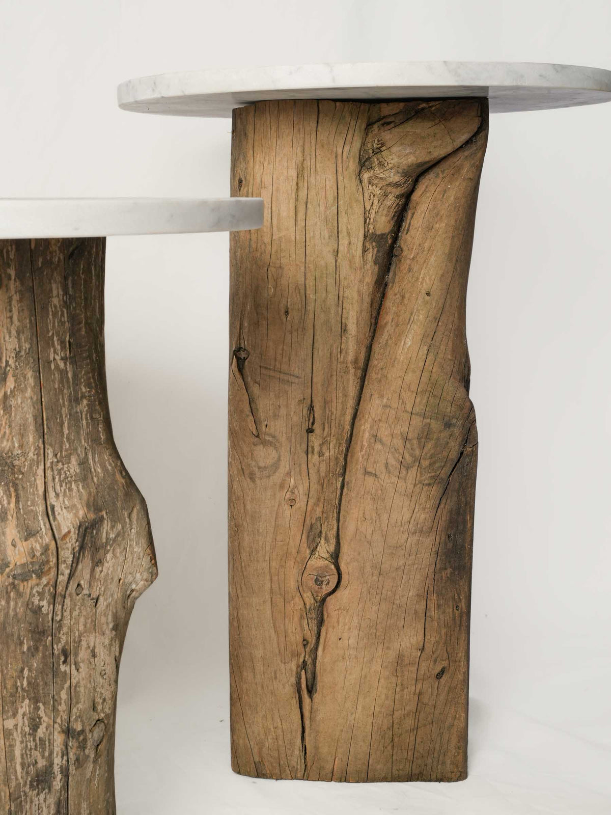 Set of Three Graduated Contemporary Reclaimed Wood and Marble Side Tables