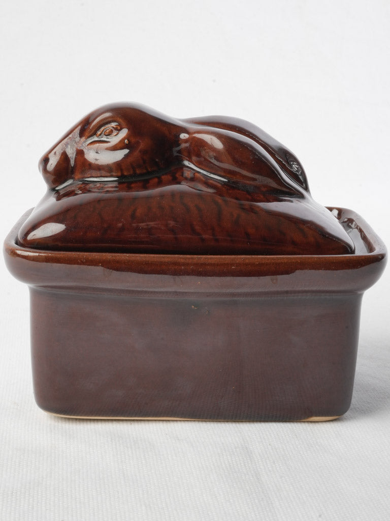 Brown Glazed Ceramic Terrine w/ Sculpted Hare Lid - 5"