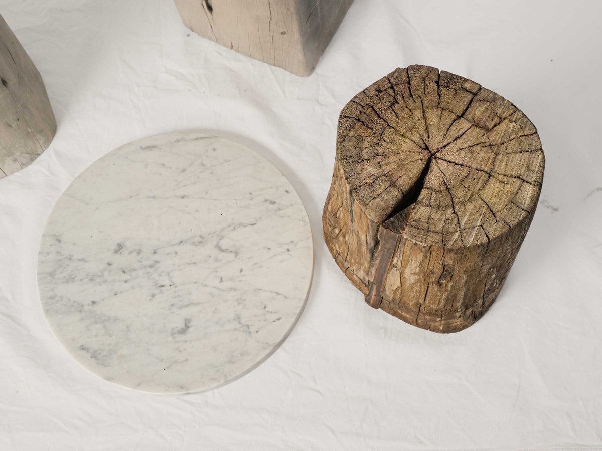 Set of Three Graduated Contemporary Reclaimed Wood and Marble Side Tables