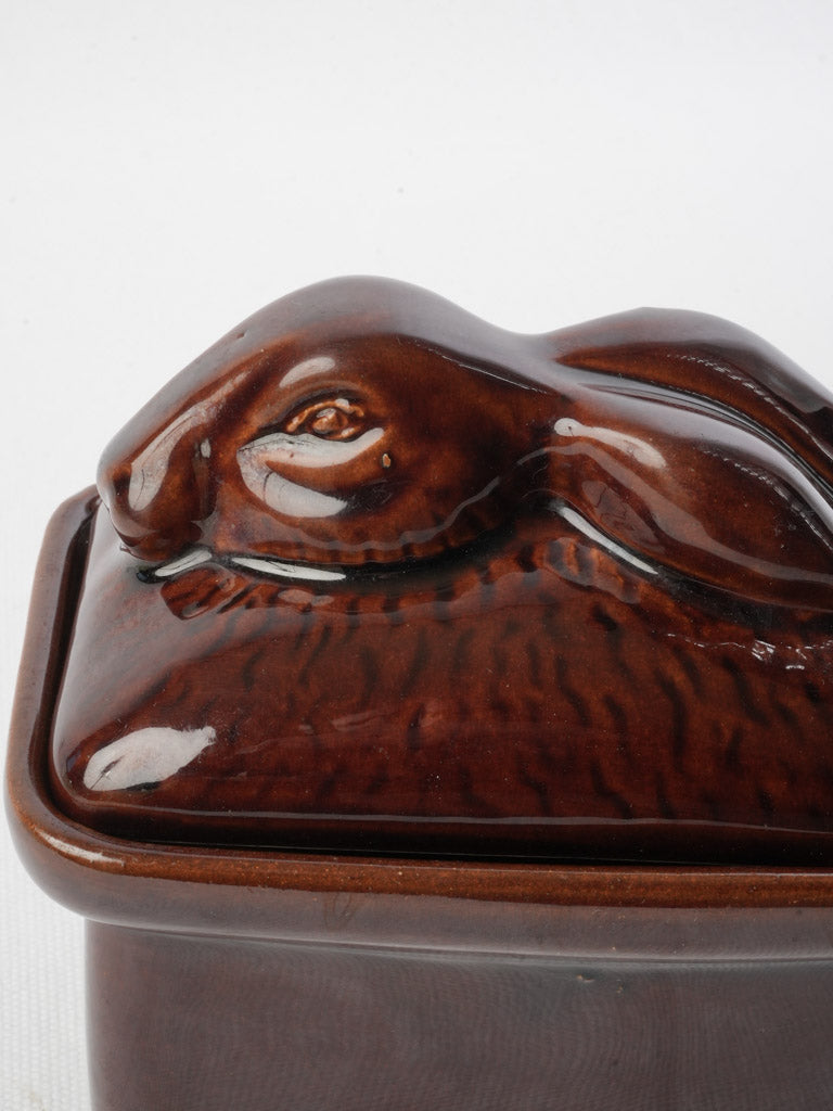 Brown Glazed Ceramic Terrine w/ Sculpted Hare Lid - 5"