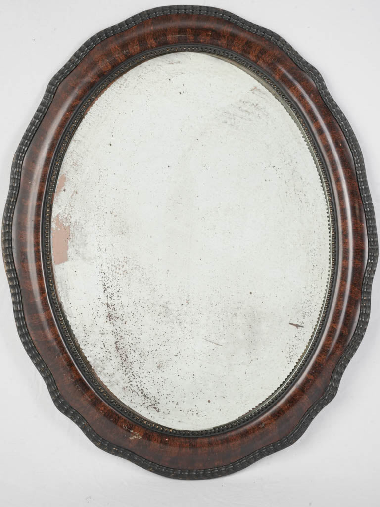 French Napoleon III Oval Mirror w/ Faux Wood Finish and Beveled Glass - 33" x 22"