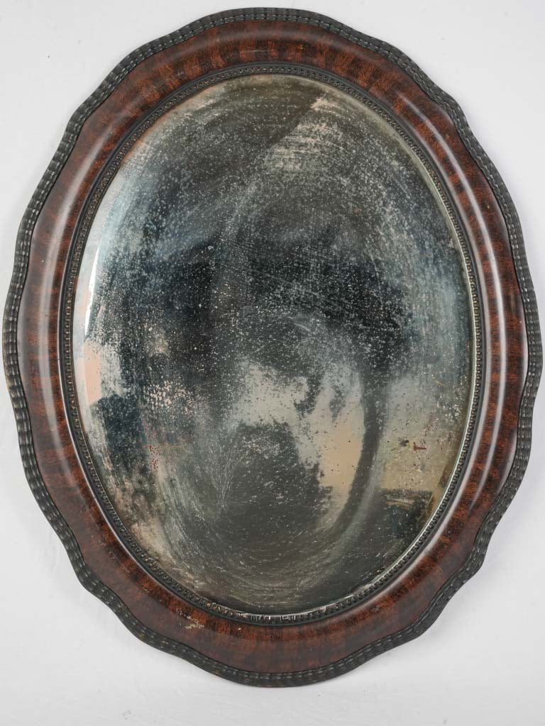 French Napoleon III Oval Mirror w/ Faux Wood Finish and Beveled Glass - 33" x 22"