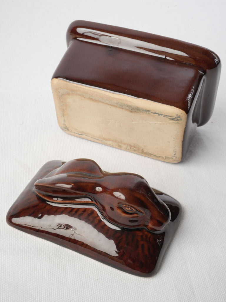 Brown Glazed Ceramic Terrine w/ Sculpted Hare Lid - 5"