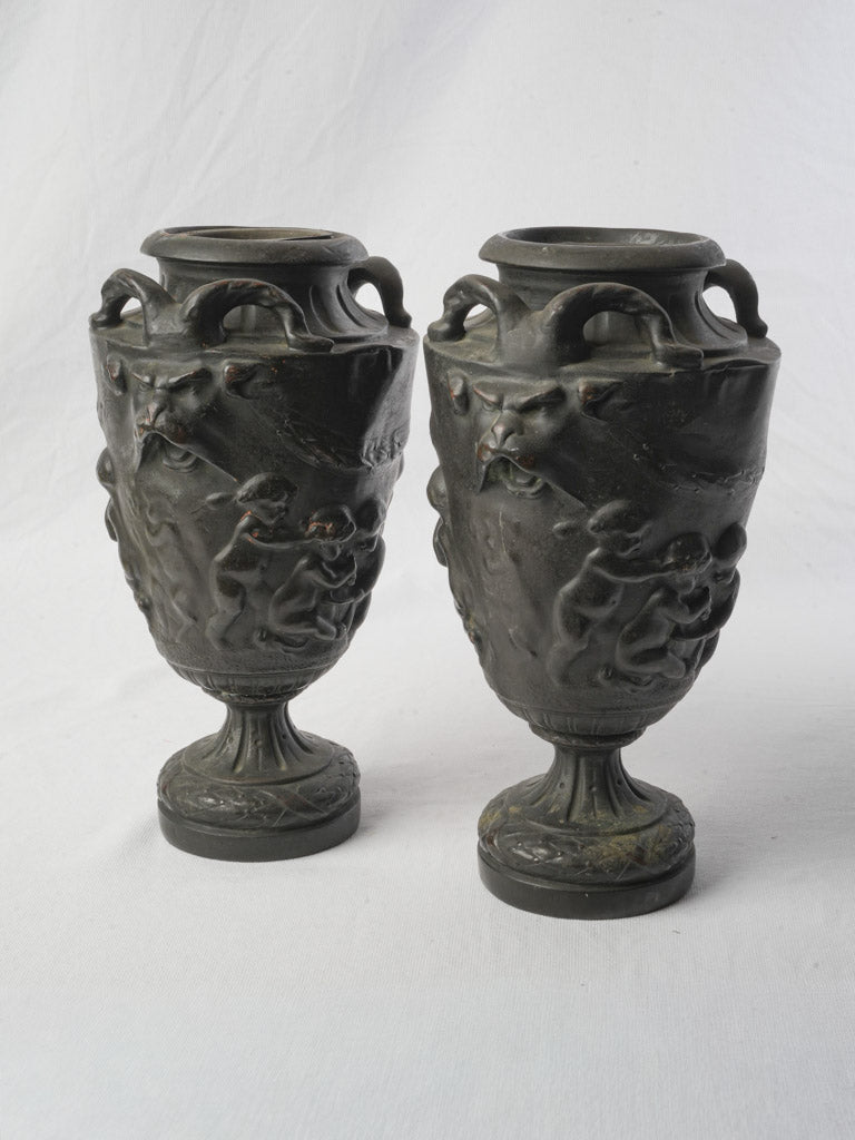 Late 19th Century Neoclassical Pair of Patinated Vases w/ Bacchic Reliefs in the Manner of Clodion - 13¾"