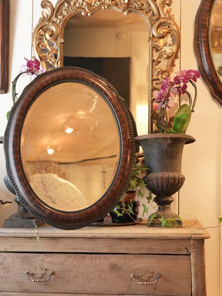 French Napoleon III Oval Mirror w/ Faux Wood Finish and Beveled Glass - 33" x 22"