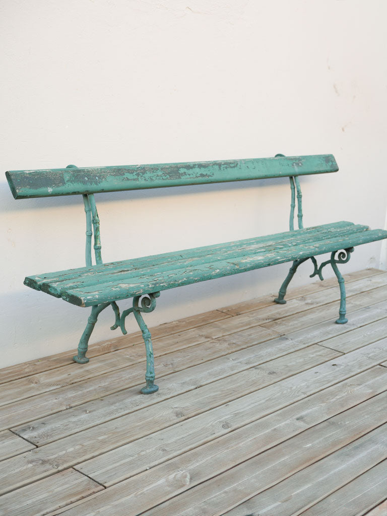 Enchanting 19th-Century Slatted Garden Bench W/ Weathered Green Paint - 79¼"