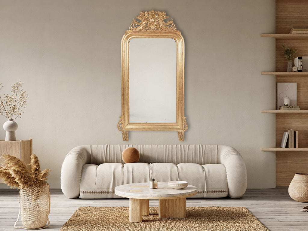 Impressive Late 19th-Century French Giltwood Mirror w/ Ornamental Cresting - 61½"