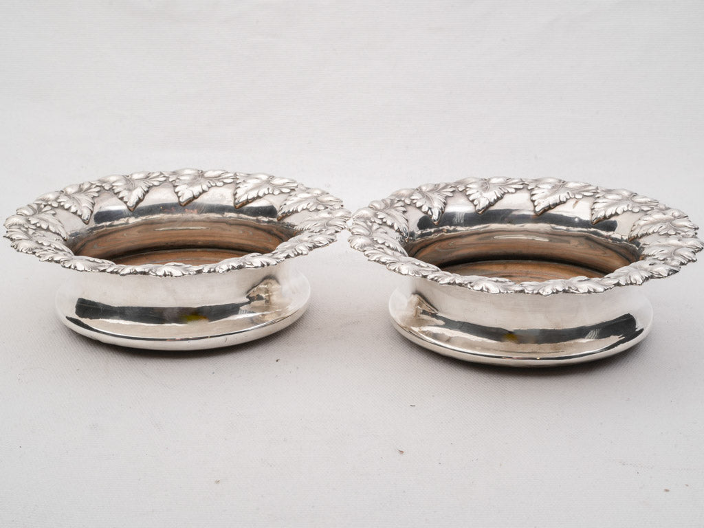 Pair of Silverplate Wine Coasters w/ Grape Leaf Borders - 6¾"