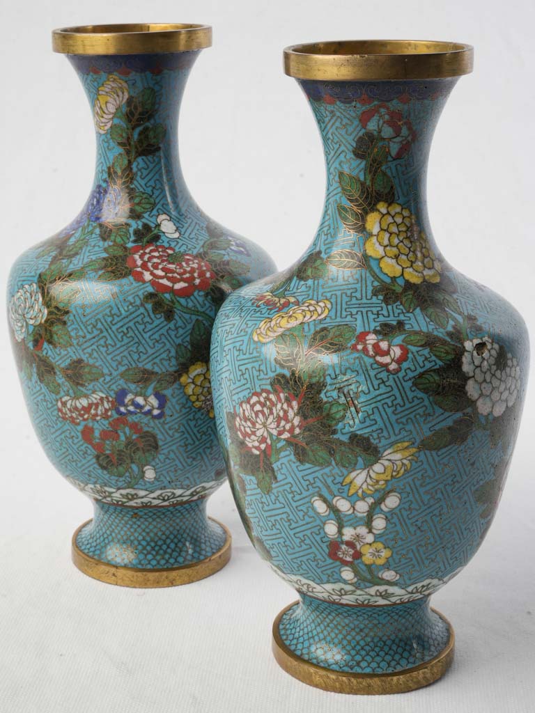 Pair of Floral Cloisonné Vases on Turquoise Ground - 10¾"