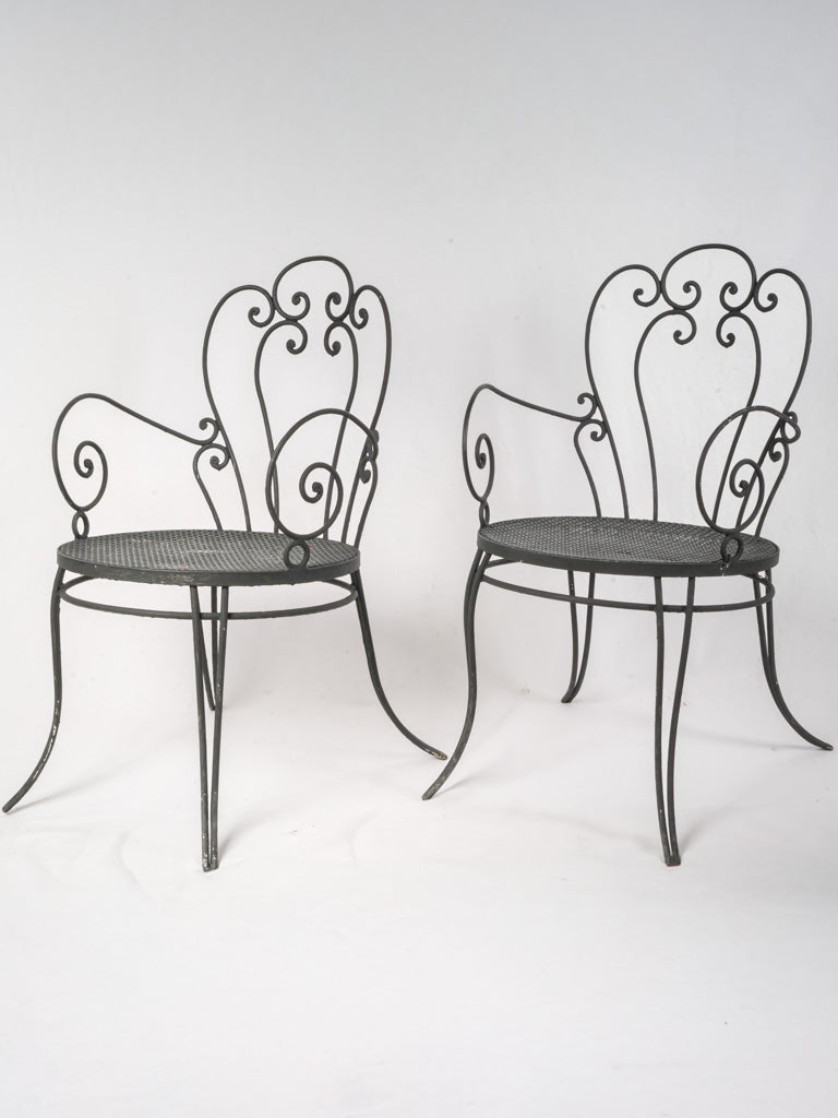 Pair of 1950s–60s Black-Painted Wrought-Iron Garden Armchairs - 33½"