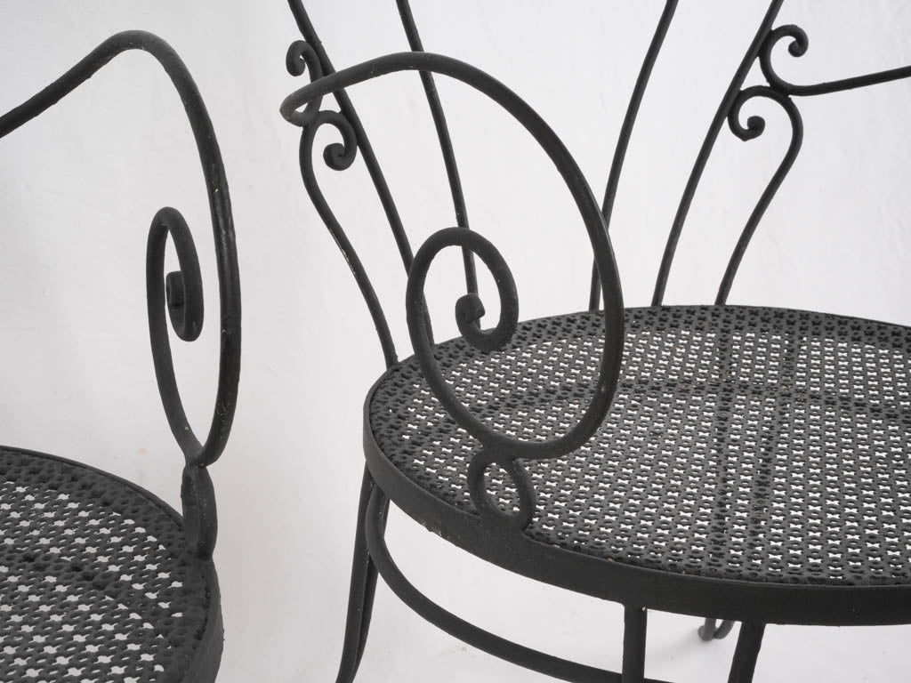 Pair of 1950s–60s Black-Painted Wrought-Iron Garden Armchairs - 33½"