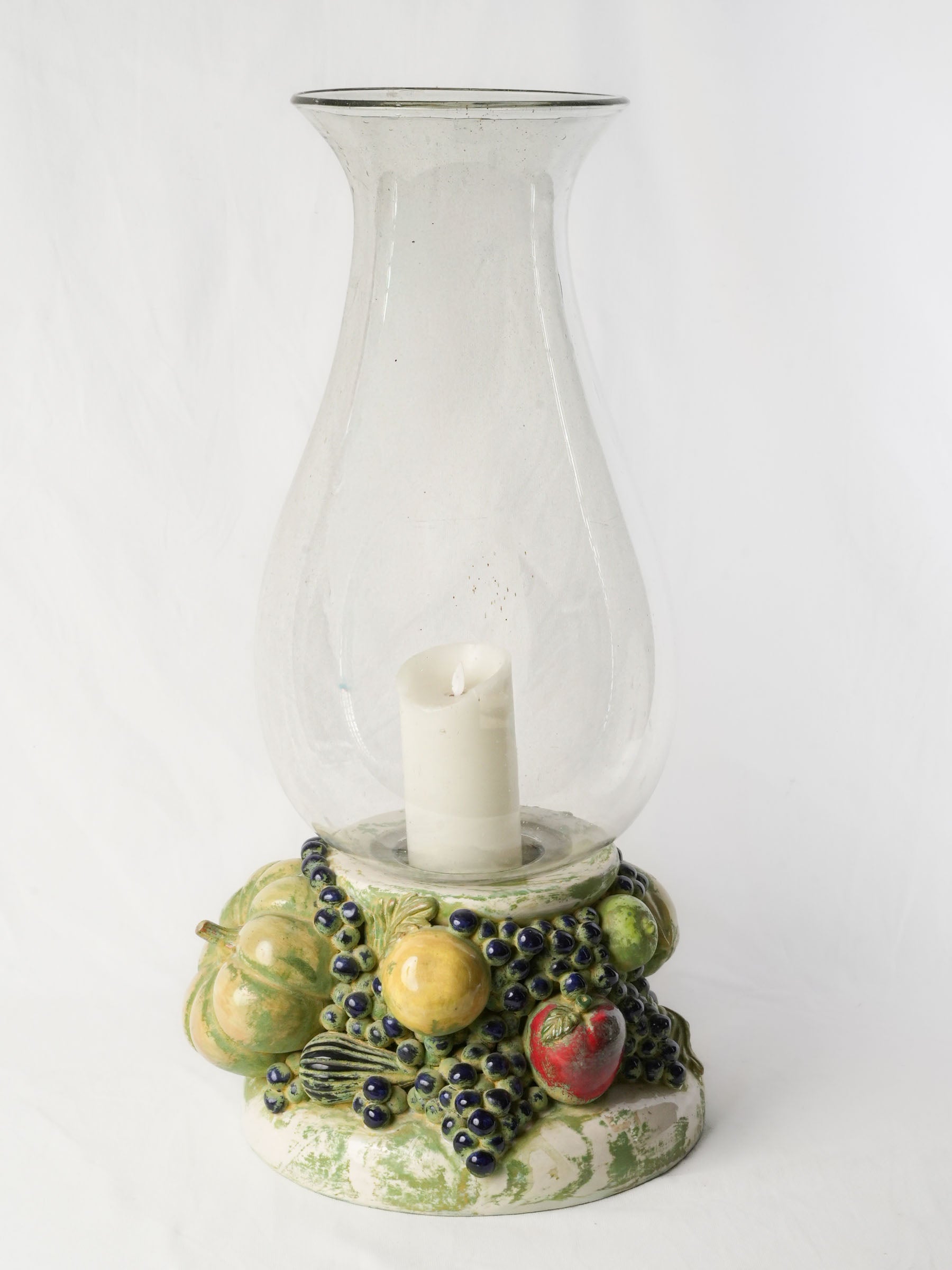 Mid 20th Monumental Biot Bubble Glass Hurricane Candle Holder w/ Majolica Fruit Base - 29½"