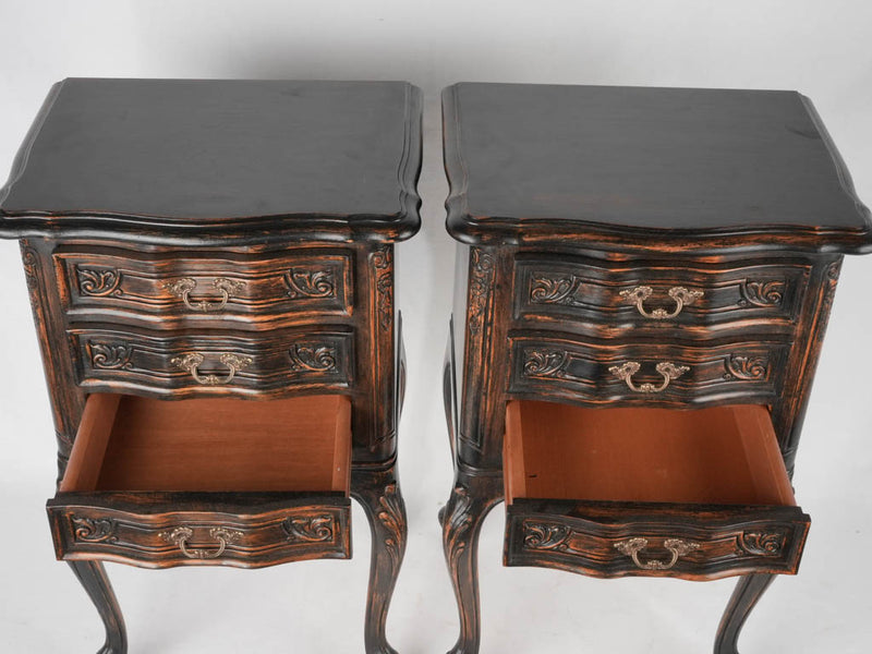 Pair of Louis XV style nightstands w/ black patina