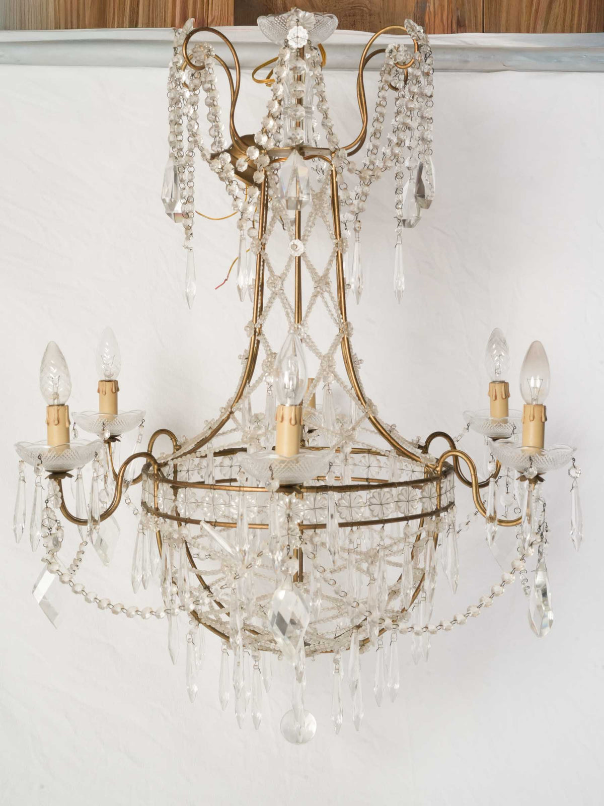 1950s Italian Balloon-Form Chandelier w/ Lace-Like Glass Bead Trellis - 37"