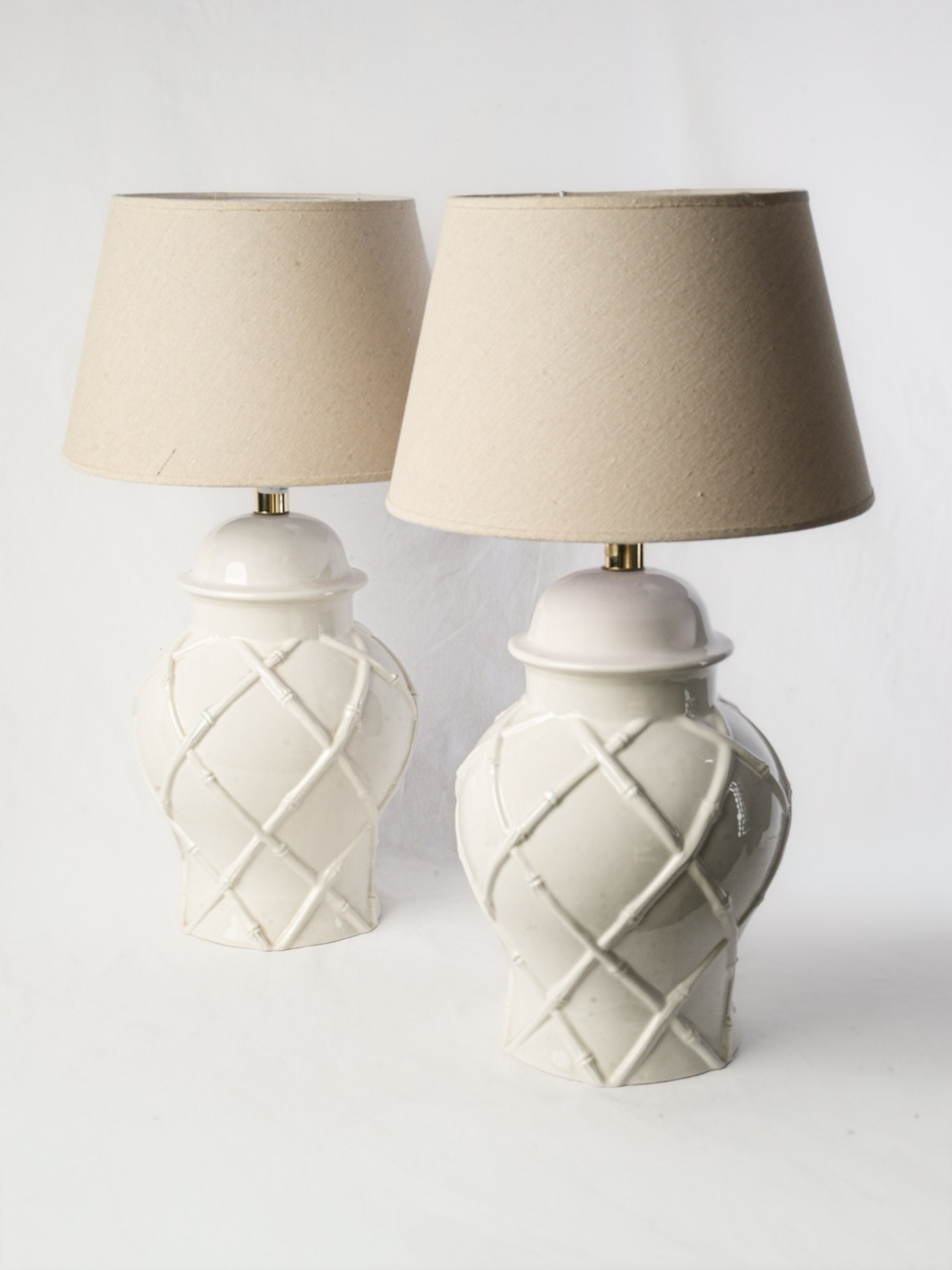 Pair of 1970s White Porcelain Table Lamps with Bamboo Lattice Motif - 25½"
