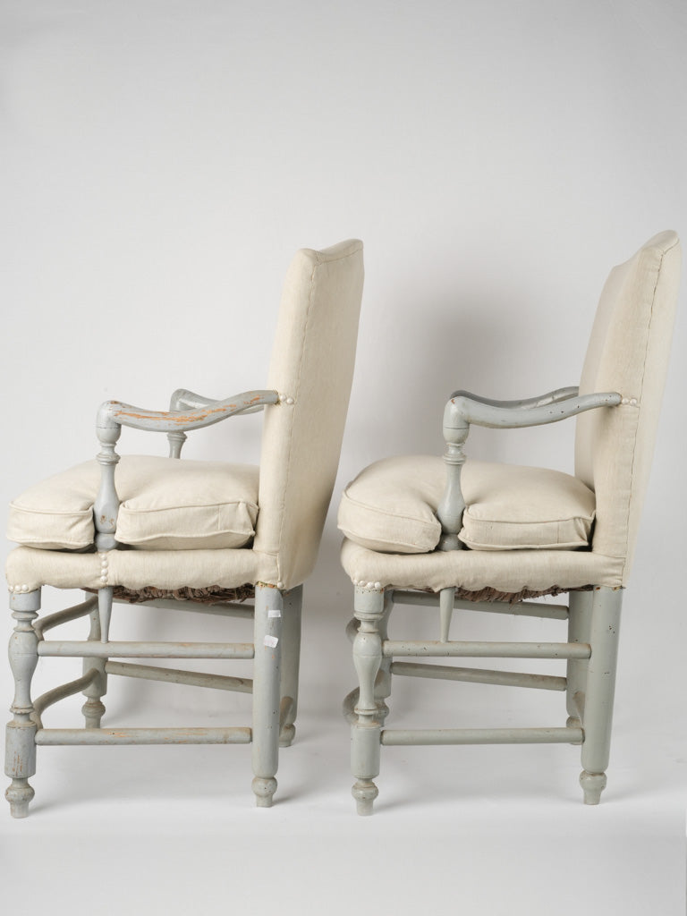 Rustic linen upholstered side chairs
