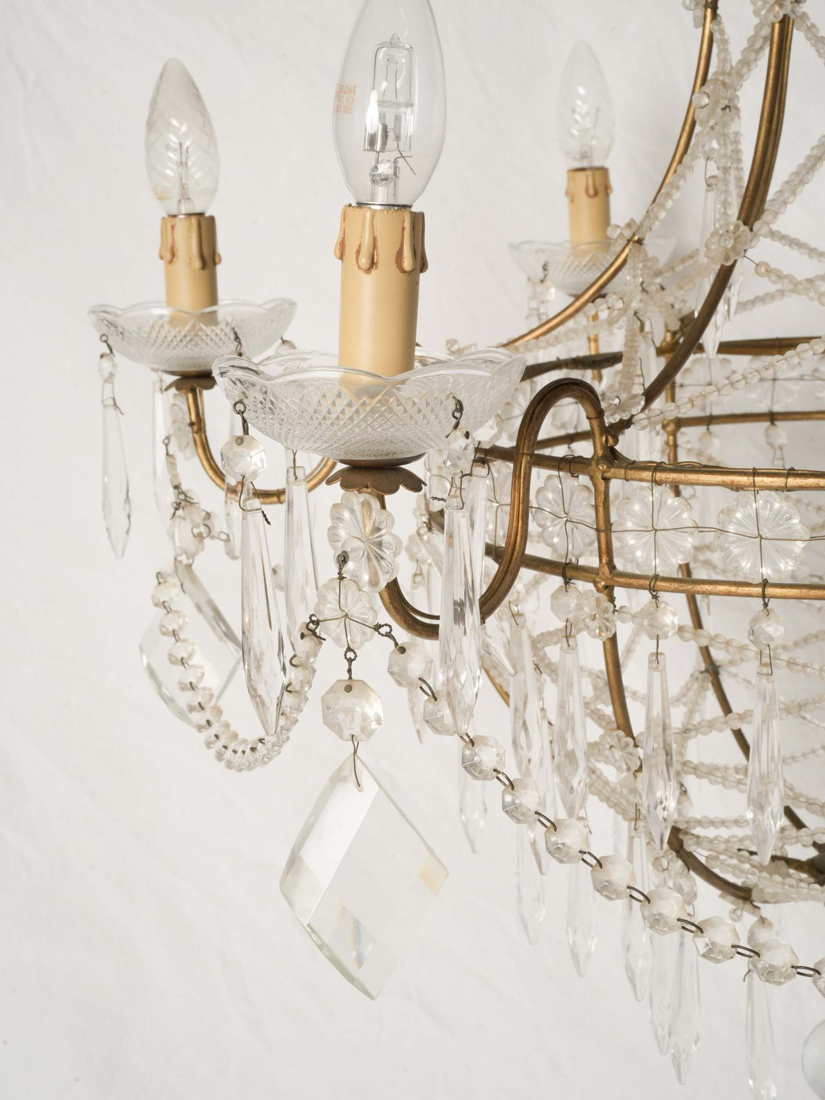 1950s Italian Balloon-Form Chandelier w/ Lace-Like Glass Bead Trellis - 37"
