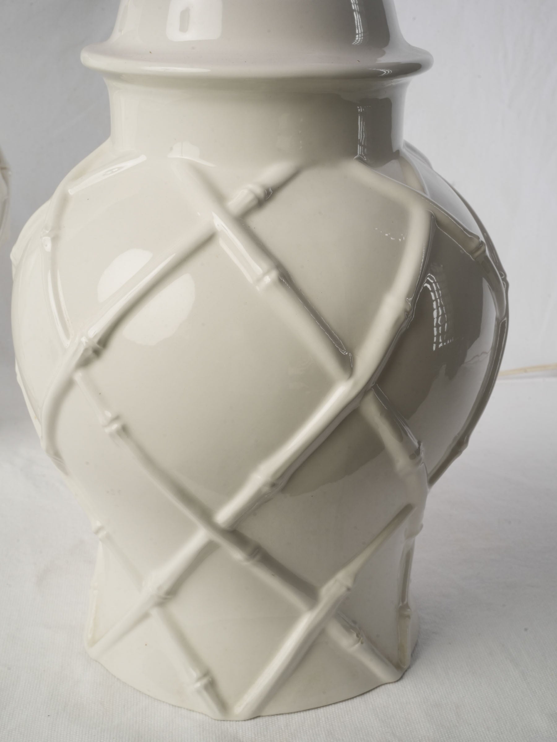Pair of 1970s White Porcelain Table Lamps with Bamboo Lattice Motif - 25½"