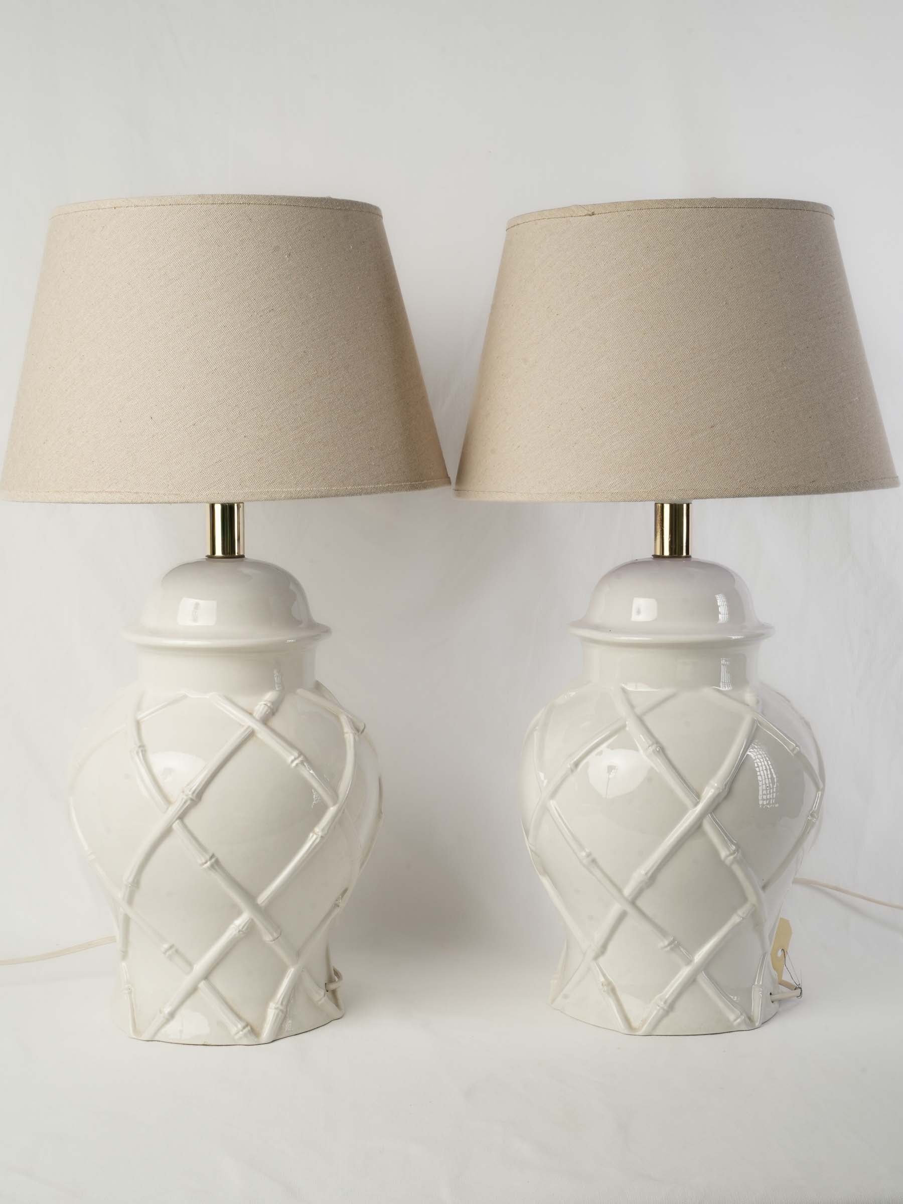 Pair of 1970s White Porcelain Table Lamps with Bamboo Lattice Motif - 25½"